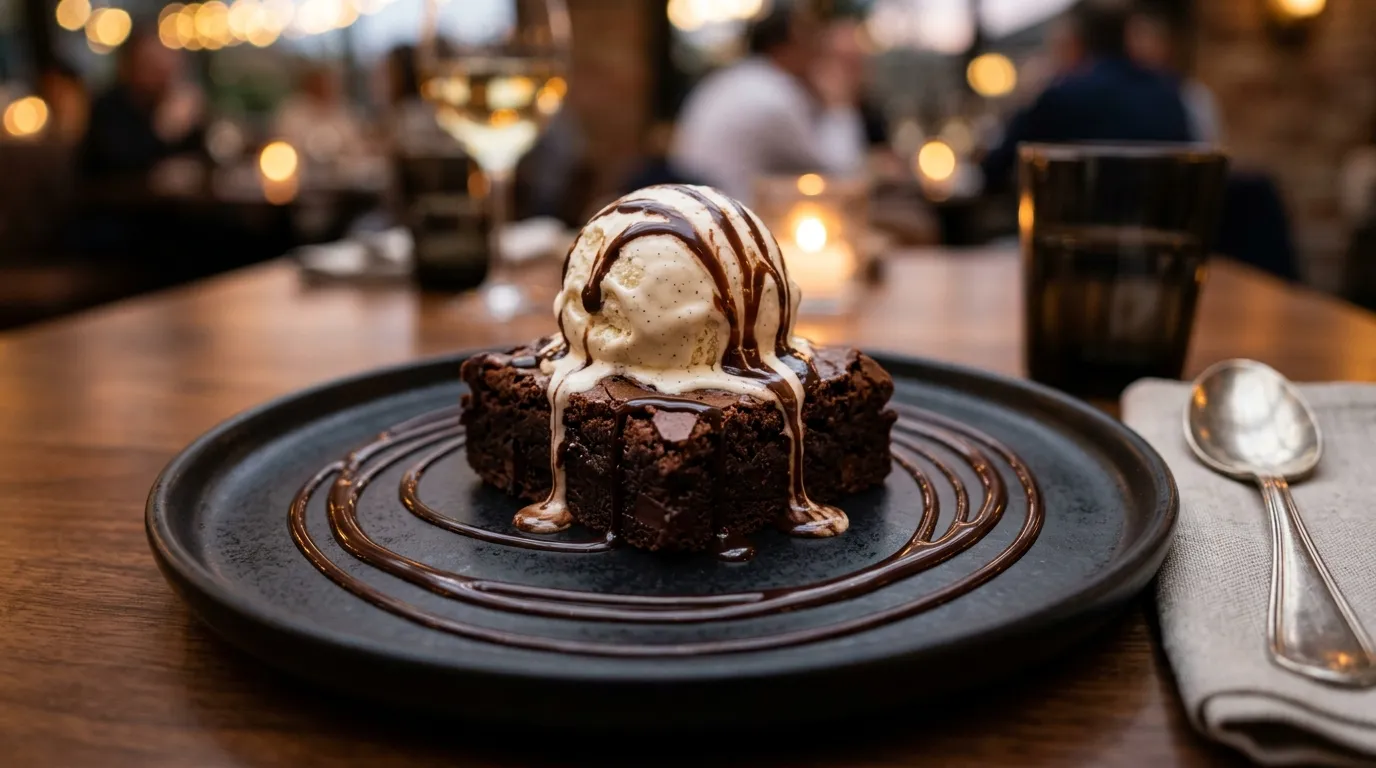 Warm chocolate fudge brownie topped with vanilla ice cream and chocolate swirl sauce