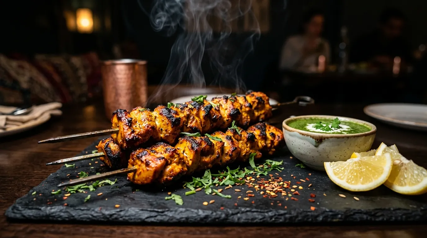 Skewers of sizzling golden-charred spiced chicken tikka kebabs with fresh lemon wedges