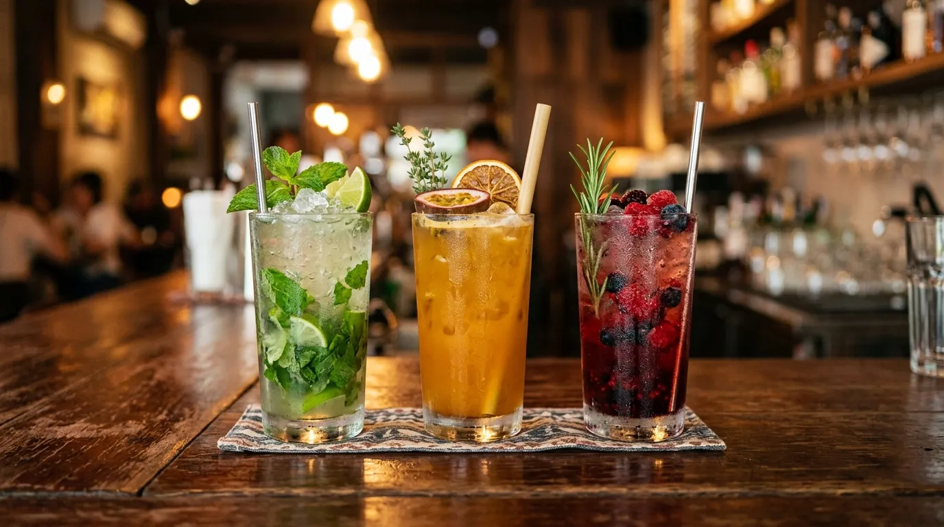 Colorful artisan mocktails with crushed ice and fresh herb garnishes